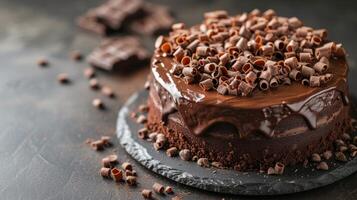 AI generated A decadent chocolate fudge cake oozing with ganache and garnished with chocolate curls. photo
