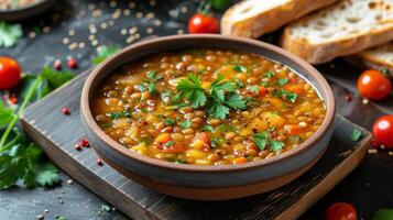 AI generated A bowl of vegetarian lentil soup, hearty and wholesome, with a hint of earthy spices. photo