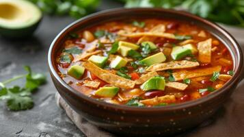 ai generado un cuenco de picante tortilla sopa, coronado con crujiente tortilla tiras y Fresco aguacate. foto