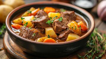 AI generated A hearty bowl of beef stew, with chunks of beef, potatoes, and carrots in a rich gravy photo