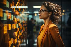 AI generated Businesswoman evaluating project plans on sticky notes. photo