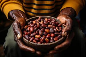 AI generated Close-up of a person's hands presenting a wooden bowl filled with aromatic raw cacao beans. photo