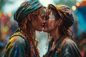 AI generated Two women share a close moment amidst a vibrant celebration, faces adorned with colorful paint splashes photo