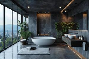 AI generated A modern industrial-style bathroom featuring a standalone tub and expansive city views. photo