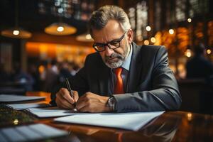 AI generated Elderly businessman concentrating on paperwork in a bustling cafe environment photo