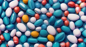 AI Generated Many different drugs pills and tablets in different colors and shapes laying in a big pile. Medical background. video