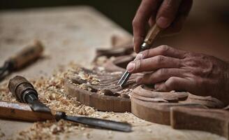 carpintero trabajando el madera, mirando para inspiración foto