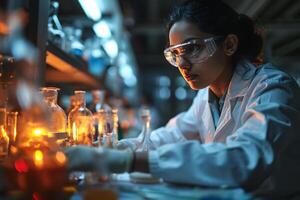 AI generated Concentrated female scientist conducting an experiment and analyzing chemical samples in a dark research laboratory photo