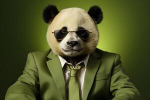 ai generado un caprichoso representación de un panda en un agudo traje y frio Gafas de sol foto