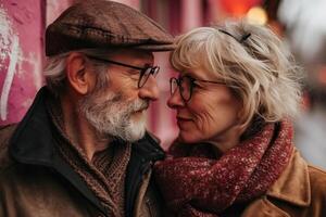 ai generado calentar y cariñoso retrato de un mayor Pareja cerca juntos, compartiendo un amoroso mirada en un ciudad calle foto