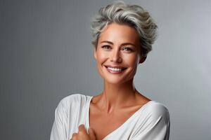 AI generated Graceful mature woman with stylish short silver hair, smiling in a white dress photo