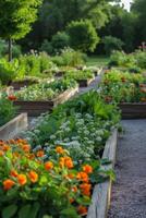 ai generado un bien organizado potaje jardín, mezcla ornamental y comestible plantas en Perfecto armonía. foto