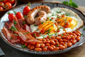 ai generado un tradicional Inglés desayuno. frito huevos, tocino, salchichas, Tomates, y horneado frijoles. foto