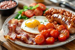 ai generado un tradicional Inglés desayuno. frito huevos, tocino, salchichas, Tomates, y horneado frijoles. foto