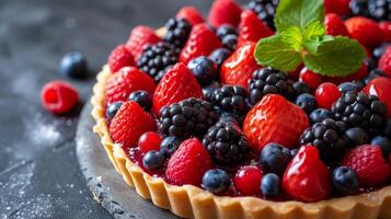 AI generated A vibrant, mixed berry tart showcasing a medley of berries on a buttery pastry. photo