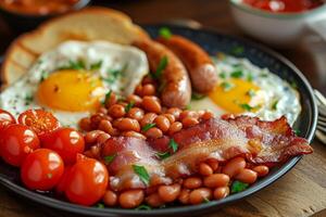 AI generated A traditional English breakfast. fried eggs, bacon, sausages, tomatoes, and baked beans. photo