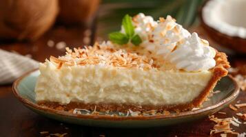 AI generated A creamy coconut cream pie adorned with whipped cream and toasted coconut flakes. photo