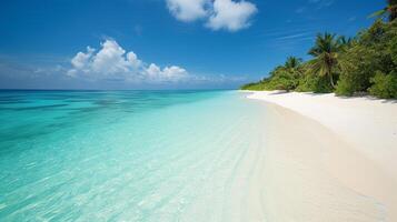 AI generated Pristine turquoise lagoon framed by white sandy beaches. photo