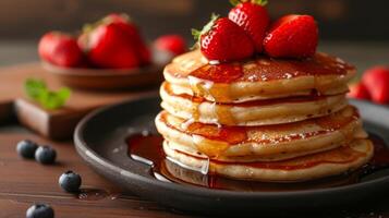 AI generated Fluffy pancakes stacked high, drizzled with maple syrup, a hearty American breakfast favorite photo