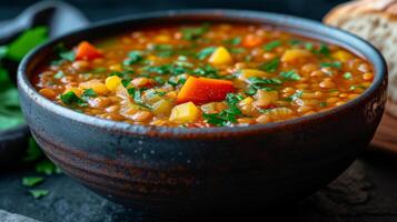 AI generated A bowl of vegetarian lentil soup, hearty and wholesome, with a hint of earthy spices. photo