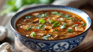 AI generated A bowl of hot and sour soup, an Asian delight, with a perfect balance of spicy and tangy flavors photo