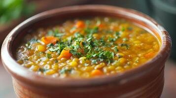 AI generated A bowl of vegetarian lentil soup, hearty and wholesome, with a hint of earthy spices. photo