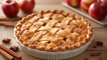 AI generated A classic apple pie with a golden, flaky crust and a hint of cinnamon aroma. large copyspace area, offcenter composition. photo