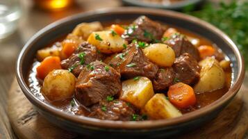 AI generated A hearty bowl of beef stew, with chunks of beef, potatoes, and carrots in a rich gravy photo