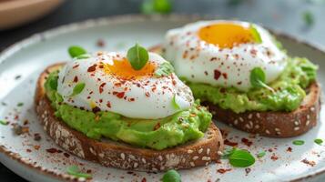 AI generated Avocado toast with poached eggs, sprinkled with red pepper flakes. photo