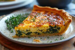 AI generated Flaky, golden-brown quiche, filled with spinach, cheese, and savory herbs. photo