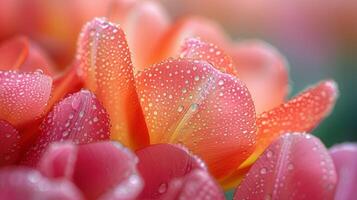 AI generated A close-up of a dew-kissed tulip, showcasing intricate petal details and fresh morning dewdrops. photo