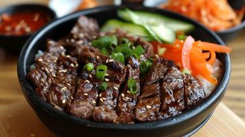 AI generated Thinly sliced marinated beef, grilled to perfection, served with vegetables and rice photo