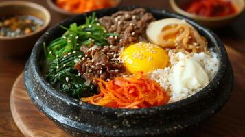 AI generated Colorful, mixed rice bowl with vegetables, meat, and a spicy sauce, a Korean culinary masterpiece. photo