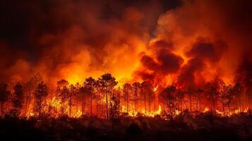 AI generated A raging wildfire engulfs forests, releasing clouds of smoke and ash into the sky. photo