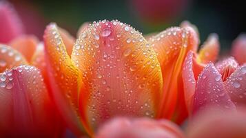 AI generated A close-up of a dew-kissed tulip, showcasing intricate petal details and fresh morning dewdrops. photo