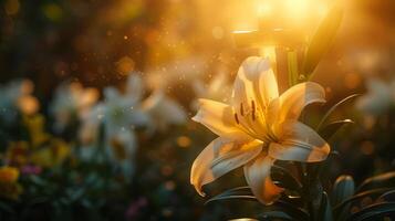 AI generated A cross adorned with lilies and radiating light, symbolizing the Easter message photo