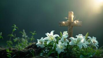 ai generado un cruzar adornado con lirios y radiante luz, simbolizando el Pascua de Resurrección mensaje foto