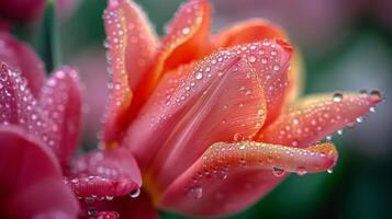 AI generated A close-up of a dew-kissed tulip, showcasing intricate petal details and fresh morning dewdrops. photo