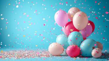 ai generado globos, papel picado, y alegre tipografía en celebracion de el día festivo. foto