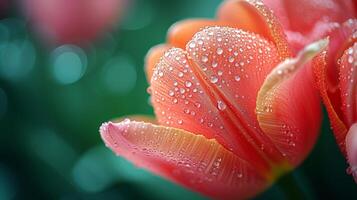 AI generated A close-up of a dew-kissed tulip, showcasing intricate petal details and fresh morning dewdrops. photo