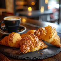 AI generated Warm croissants and buttery pastries, served with a pot of freshly brewed coffee. photo