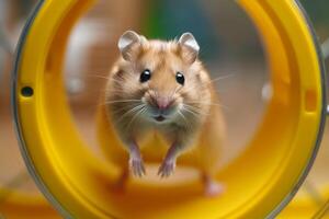 AI generated A dainty hamster perched atop a tiny wheel, running tirelessly in its miniature world. photo