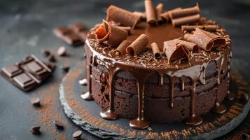 AI generated A decadent chocolate fudge cake oozing with ganache and garnished with chocolate curls. photo