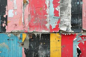 AI generated An abstract collage of torn paper and faded graffiti, embodying the essence of urban decay. photo