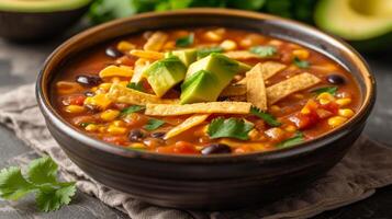 AI generated A bowl of spicy tortilla soup, topped with crispy tortilla strips and fresh avocado. photo