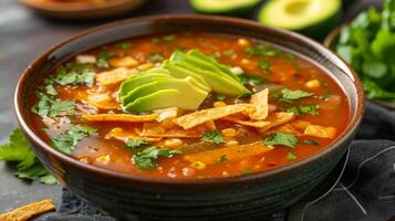 AI generated A bowl of spicy tortilla soup, topped with crispy tortilla strips and fresh avocado. photo