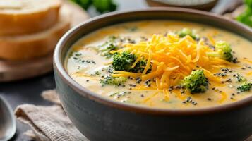 ai generado un cuenco de cremoso brócoli queso Cheddar sopa, coronado con un generoso espolvorear de triturado queso foto