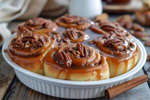 AI generated Homemade cinnamon rolls, oozing with sticky caramel and crowned with pecans. photo