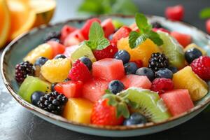 AI generated Colorful fruit salad, a medley of citrus, melons, and berries, bursting with freshness. photo