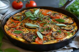 AI generated A rustic frittata with roasted vegetables, herbs, and a sprinkle of Parmesan cheese. photo